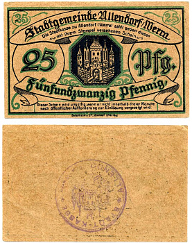 Аллендорф 25 пфеннигов 1921 нотгельд, земля Гессен, штемпель А (фиолетовый) Grabowski А5.4с бумага 2193-19-2-1