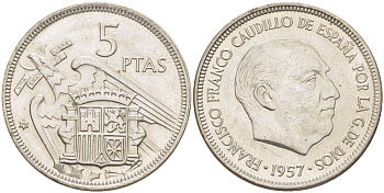 Испания 5 песет 1957 (75) Франциско Франко (1939-1975) KM 786 медно-никель XF- UNC 216-441