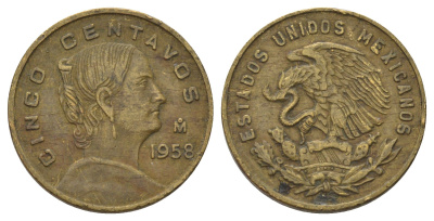Мексика 5 сентаво 1958 Жозефа Ортис де Домингес KM 426 латунь 4580-136