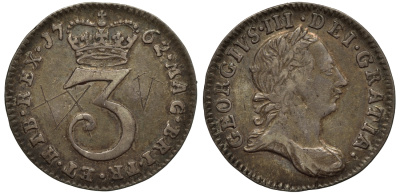 Великобритания 3 пенса 1762 Георг III (1760-1820), граффити KM 591, Spink 3753 серебро 1524-131