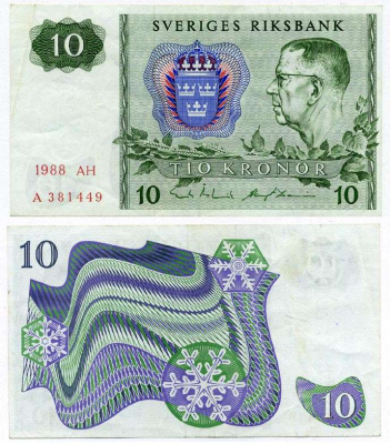 ШВЕЦИЯ 10 КРОН 1988 СЕРИЯ AH, ГУСТАВ VI АДОЛЬФ Pick 52e бумага 8612-30-3-2