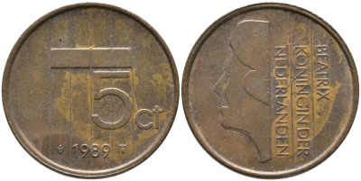 НИДЕРЛАНДЫ 5 ЦЕНТОВ 1989 БЕАТРИКС KM 202 бронза 65-1251