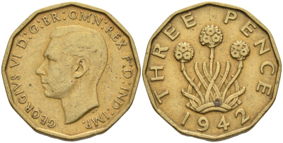 Великобритания 3 пенса 1942 Георг VI (1936-1952) KM 849, Spink 4112 никель латунь 4513-1116