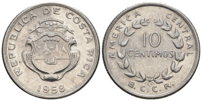 Коста-Рика 10 сентимо 1958  KM 185.1a сталь  UNC  4609-811