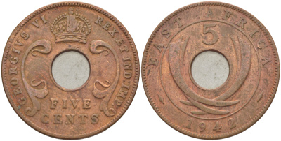 Британская Восточная Африка 5 центов 1942 Георг VI (1936-1952) KM 25.2 бронза 210-851