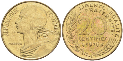 Франция 20 сантимов 1976 тип Марианна KM 930 медь алюминий никель 4116-527