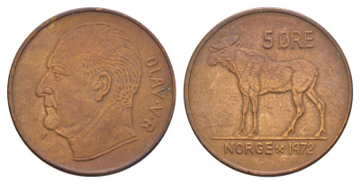 Норвегия 5 эре 1972 Улаф V (1957-1991) KM 405 бронза 4635-622