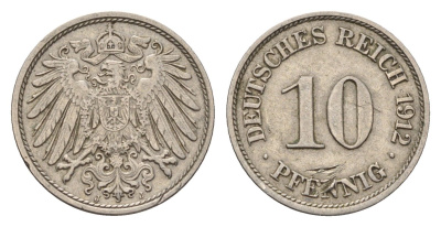 Германия 10 пфеннигов 1912 J, Вильгельм II (1888-1918) KM 12, J. 13 медно-никель 4636-946