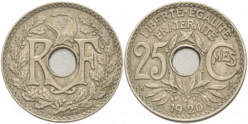 ФРАНЦИЯ 25 САНТИМОВ 1920 ТИП ЛИНДАЙЁ KM 867а, LE FRANC 171.4 медно-никель 4402-822