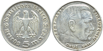 Германия 5 рейхсмарок 1936 J, Пауль фон Гинденбург (1847-1934) KM 86, J. 360 серебро 37-712