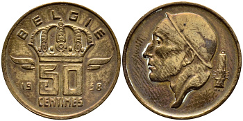 БЕЛЬГИЯ 50 САНТИМОВ 1958 BELGIE KM 149.1 бронза 4392-824