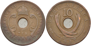 Британская Восточная Африка 10 центов 1937 Георг VI (1936-1952) KM 26.1 бронза 3333-1136
