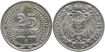 Германия 25 пфеннигов 1911 А KM 18, Weege 12, J.18 никель 117-527