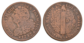 Франция 6 денье 1792 BB, Людовик XVI (1774-1792) KM 611 медь 5010-342