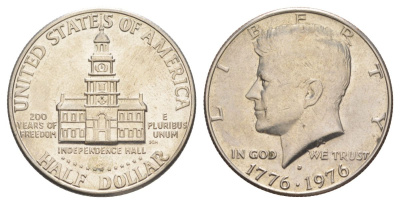 США 1/2 доллара (50 центов) 1976 D, 200 лет независимости, Джон Кеннеди KM 205 медь плакированная медно-никелем aUNC 4545-1023
