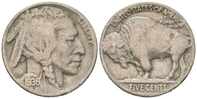 США 5 центов 1936 индеец, бизон KM 134 медно-никель 4614-1243