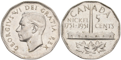 Канада 5 центов 1951 200 ЛЕТ ПРОИЗВОДСТВА НИКЕЛЯ KM 48 никель 4556-1034