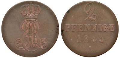 Ганновер 2 пфеннига 1844 A, Эрнст Август (1837-1851) KM 174.1, AKS 122, J. 55 медь 75-1757