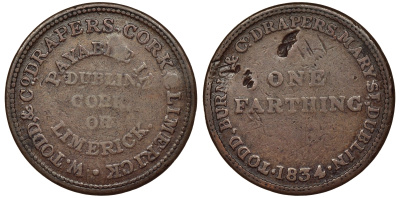 ИРЛАНДИЯ 1 ФАРТИНГ 1834 ТОКЕН, ГОРОД ЛИМЕРИК, КОМПАНИЯ W. TODD@ Co DRAPERS CORP. LIMERICK медь 441-1121