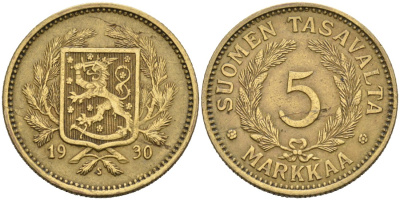 Финляндия 5 марок 1930 S, редкий год, тираж 592.000 KM 31 алюминиевая бронза 4563-344
