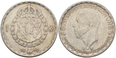 Швеция 1 крона 1949 TS, Густав VI Адольф (1950-1973) KM 814 серебро 4148-1117