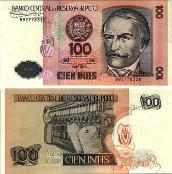 Перу 100 инти 1987 Рамон Кастилья, прядильная машина Pick 133 бумага UNC (пресс) 7219-27-2-2