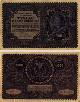 ПОЛЬША 1000 МАРОК 1919 23 АВГУСТА 1919, ТРЕТИЙ ВЫПУСК, ПОРТРЕТ КОСТЮШКО Pick 29 бумага VF 8607-30-1