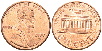США 1 ЦЕНТ 2000 D ЛИНКОЛЬН KM 201b цинк плакированный медью UNC 187-748