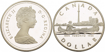 Канада 1 доллар 1984 150 лет Торонто, каноэ KM 140 серебро PROOF 1068-1-22