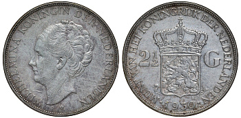 Нидерланды 2 1/2 гульдена 1930 Вильгельмина I (1890-1948) KM 165 серебро 1530-1025