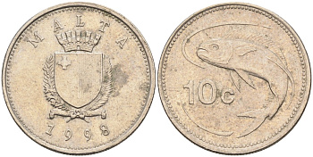 Мальта 10 центов 1998 золотая макрель KM 96 медно-никель 4588-245