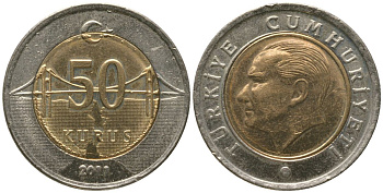 Турция 50 курушей 2011 KM 1243 биметалл 4561-1154