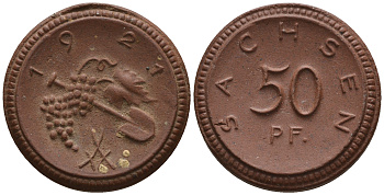 Саксония 50 пфеннигов 1921 виноград и лопата J. N 54 фарфор UNC 1094-8-41