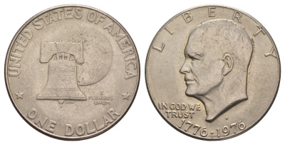 США 1 доллар 1976 Президент Эйзенхауэр, 200 лет независимости США, Тип 1 — Печатные буквы медь плакированная медно-никлем KM 206 медь плакированная медно-никлем 11-273-33