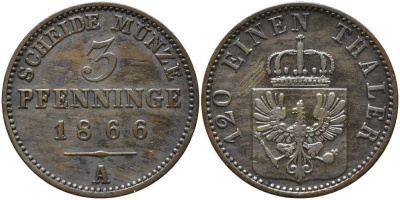 ПРУССИЯ 3 ПФЕННИГА 1866 А, ВИЛЬГЕЛЬМ I (1861-1888) KM 482 медь 4448-1136