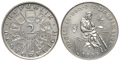 Австрия 2 шиллинга 1930 700 лет со дня смерти Фогельвайде KM 2845 серебро 413-6724