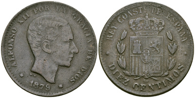 Испания 10 сентимо 1879 Альфонсо XII (1874 - 1885) KM 675 бронза 4593-745