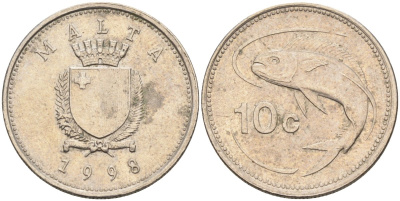 Мальта 10 центов 1998 золотая макрель KM 96 медно-никель 4588-245