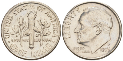 США 10 ЦЕНТОВ = 1 ДАЙМ 1995 P, РУЗВЕЛЬТ KM 195a медь плакированная медно-никелем 188-718