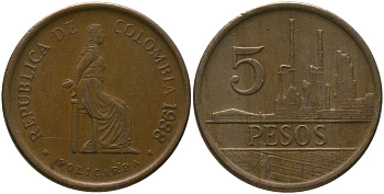 Колумбия 5 песо 1988 KM 268 бронза 4538-252