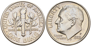 США 10 ЦЕНТОВ = 1 ДАЙМ 1989 P, РУЗВЕЛЬТ KM 195a медь плакированная медно-никелем 188-711