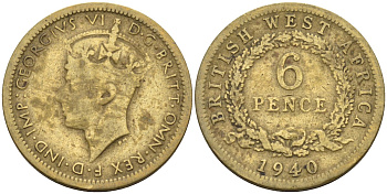 Британская Западная Африка 6 пенсов 1940 Георг VI (1936-1952) KM 22 никель-латунь 4588-662