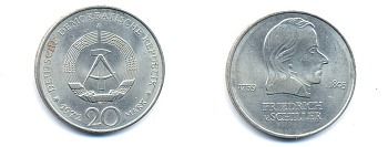 ГДР 20 марок 1972 А, Фридрих Шиллер (1759-1805) KM 40 медно-никель 54-2535