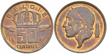 БЕЛЬГИЯ 50 САНТИМОВ 1982 BELGIE, БОДУЭН I (1951-1993) KM 149.1 бронза 4532-464