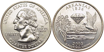 США 25 центов = квотер 2003 D, серия штаты США, штат Арканзас KM 347 медь плакированная медно-никелем UNC M20-1