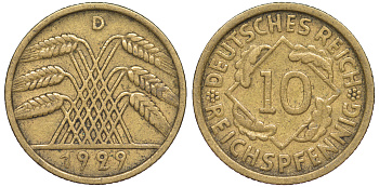 Германия 10 рейхспфеннигов 1929 D KM 40, J. 317 алюминиевая бронза 4604-714