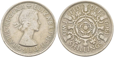 Великобритания 2 шиллинга (флорин) 1960 Елизавета II (1952-2022) KM 906, Spink 4146 медно-никель 4183-1231