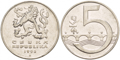 Чехия 5 крон 1993 чешский лев, Карлов мост KM 8 сталь плакированная никелем 4539-955