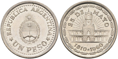 Аргентина 1 песо 1960 150 лет свержения Испанского вице-короля (1810-1960) KM 58 сталь плакированная никелем 4593-1022
