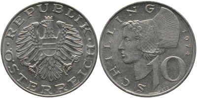АВСТРИЯ 10 ШИЛЛИНГОВ 1974 KM 2918 никель плакированный медно-никелем 33-716